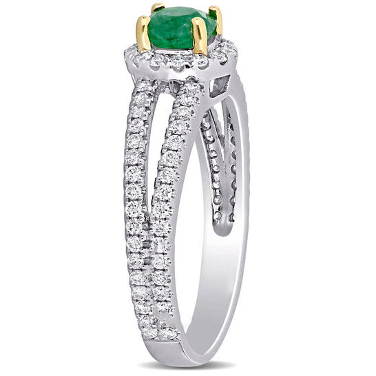 Original Amour 1/2 CT TGW Emerald and 1/2 CT TW Diamond Halo Split Shank Engagement Ring in 14k White and Yellow Gold