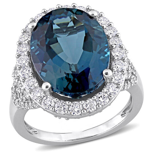 Original Amour 12 CT TGW Oval London Blue Topaz and 1 2/5 CT TW Diamond Halo Ring in 14k White Gold