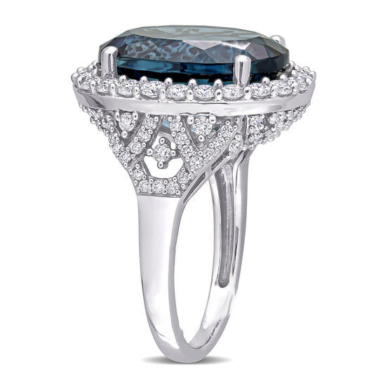 Original Amour 12 CT TGW Oval London Blue Topaz and 1 2/5 CT TW Diamond Halo Ring in 14k White Gold