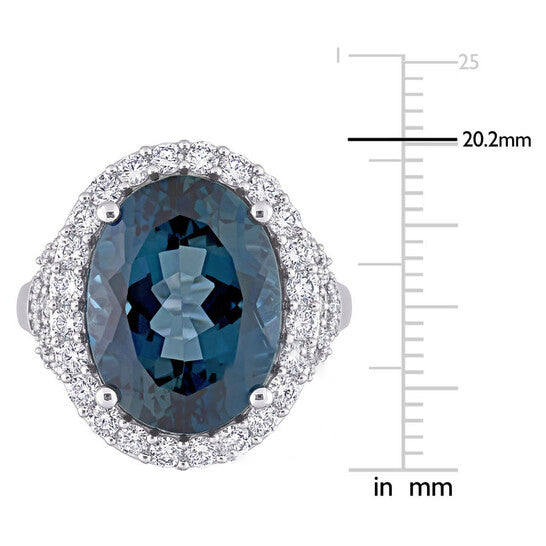 Original Amour 12 CT TGW Oval London Blue Topaz and 1 2/5 CT TW Diamond Halo Ring in 14k White Gold