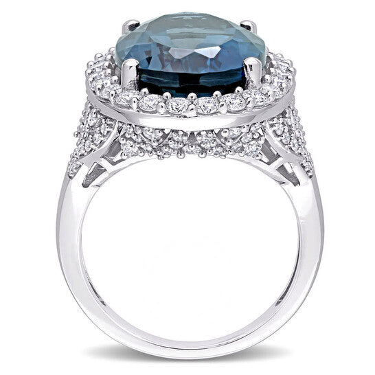 Original Amour 12 CT TGW Oval London Blue Topaz and 1 2/5 CT TW Diamond Halo Ring in 14k White Gold