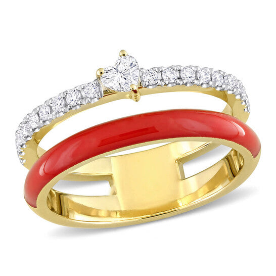 Original Amour 1/3 CT TDW Heart and Round Diamond Double Band Ring in 14k Yellow Gold and Red Enamel