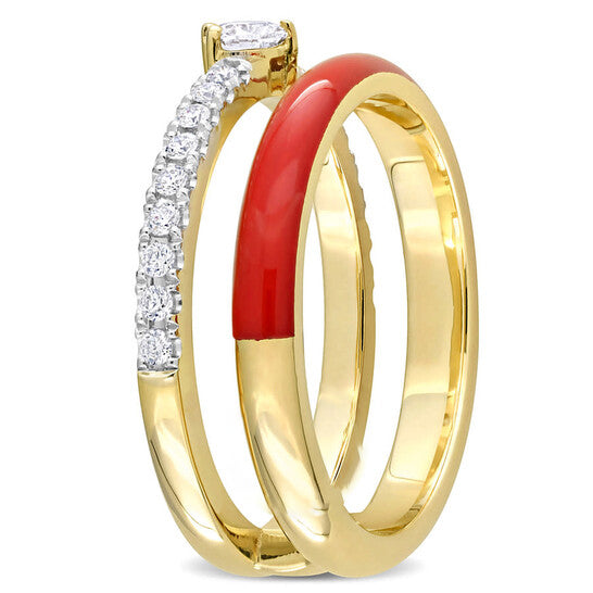 Original Amour 1/3 CT TDW Heart and Round Diamond Double Band Ring in 14k Yellow Gold and Red Enamel