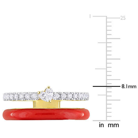 Original Amour 1/3 CT TDW Heart and Round Diamond Double Band Ring in 14k Yellow Gold and Red Enamel