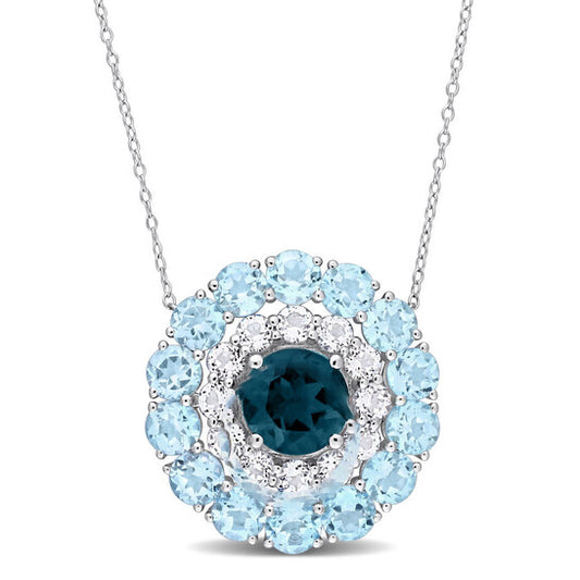 Original AMOUR 14 3/5 CT TGW London Blue Topaz, Sky Blue Topaz and White Topaz Double Halo Circle Pendant with Chain In Sterling Silver