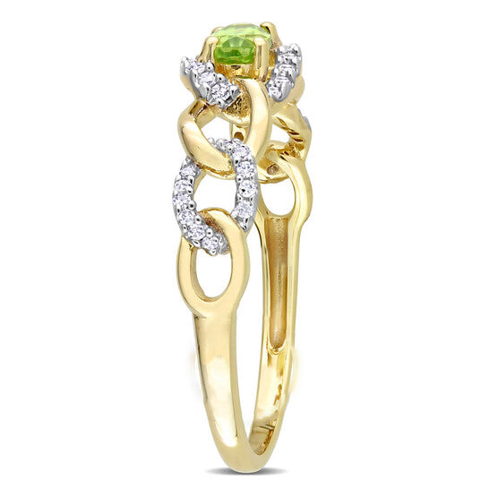 Original Amour 1/4 CT TGW Peridot and 1/8 CT TDW Diamond Mini Oval Link Ring in 10k Yellow Gold