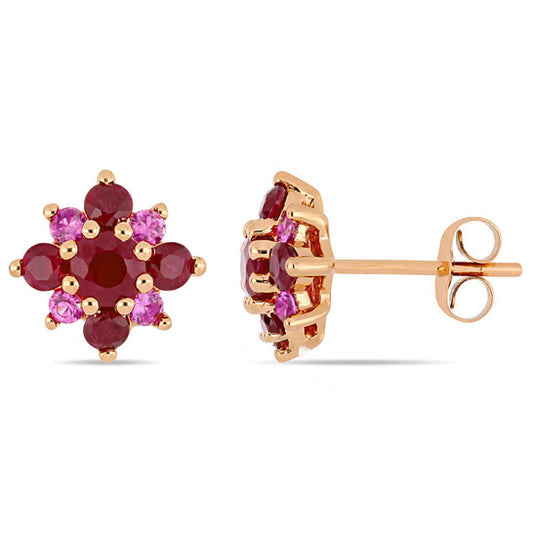 Original AMOUR 1 3/4 CT TGW Ruby and Pink Sapphire Clustered Star Stud Earrings In 14K Rose Gold