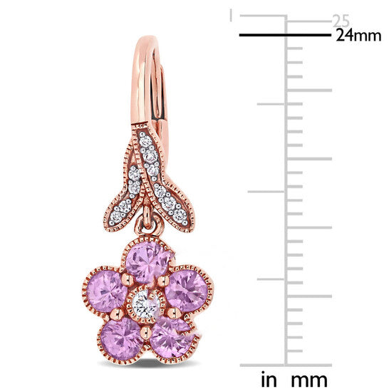 Original AMOUR Pink Sapphire and 1/7 CT TW Diamond Flower Leverback Earrings In 14K Rose Gold