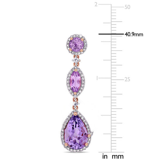 Original AMOUR 8 CT TGW Amethyst Rose De France White Sapphire and 5/8 CT TW Diamond Geometric Teardrop Dangle Post Earrings In 14K Rose Gold