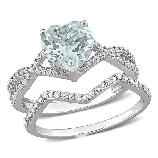 Original Amour 14k White Gold 1 1/2 CT TGW Heart Aquamarine and 1/3 CT TDW Diamond Bridal Ring Set