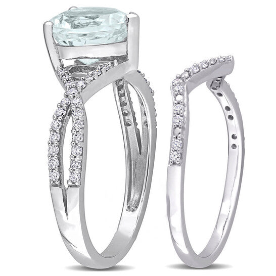 Original Amour 14k White Gold 1 1/2 CT TGW Heart Aquamarine and 1/3 CT TDW Diamond Bridal Ring Set