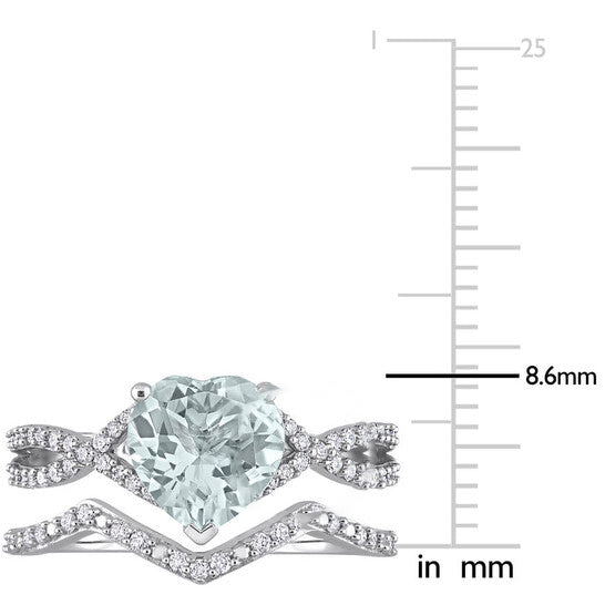 Original Amour 14k White Gold 1 1/2 CT TGW Heart Aquamarine and 1/3 CT TDW Diamond Bridal Ring Set