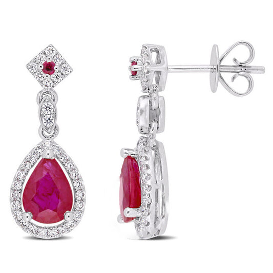 Original AMOUR Ruby and 1/3 CT TW Diamond Drop Earrings In 14K White Gold