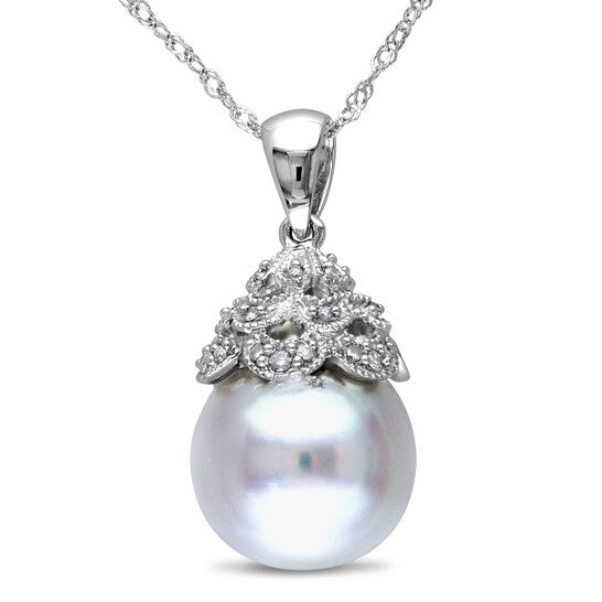 Original AMOUR 10.5-11 Mm South Sea Cultured Pearl and Diamond Accent Filigree Pendant with Chain In 14K White Gold