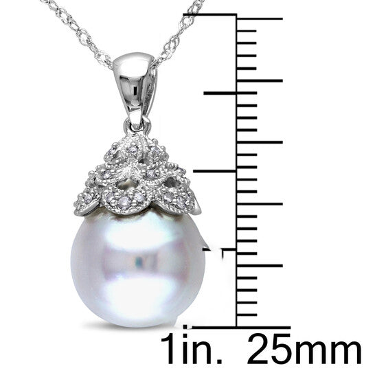 Original AMOUR 10.5-11 Mm South Sea Cultured Pearl and Diamond Accent Filigree Pendant with Chain In 14K White Gold