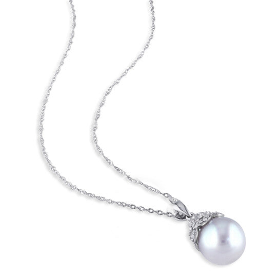 Original AMOUR 10.5-11 Mm South Sea Cultured Pearl and Diamond Accent Filigree Pendant with Chain In 14K White Gold