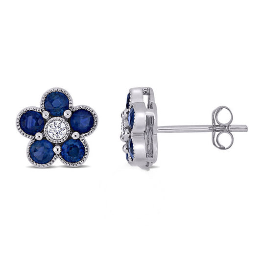 Original AMOUR 1 1/4 CT TGW Sapphire and 1/10 CT TW Diamond Floral Stud Earrings In 14K White Gold