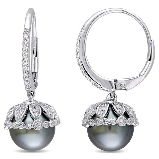 Original AMOUR 9-9.5 Mm Black Tahitian Cultured Pearl and 1/2 CT TW Diamond Floral Drop Leverback Earrings In 14K White Gold