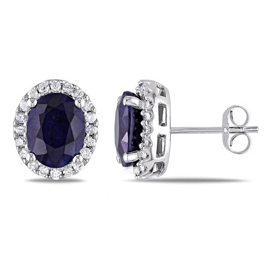 Original AMOUR 5 1/3 CT TGW Oval Diffused Sapphire and 3/8 CT TW Diamond Halo Earrings In 14K White Gold