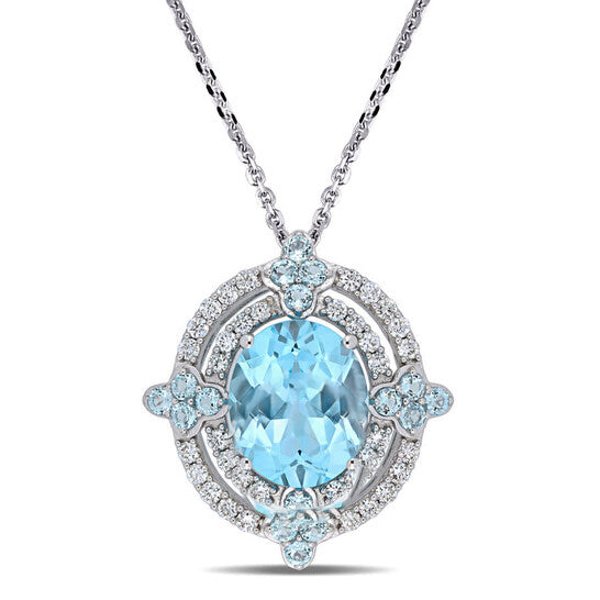 Original AMOUR 6 1/5 CT TGW Sky-blue Topaz and 1/2 CT TW Diamond Circular Double Halo Pendant with Chain In 14K White Gold