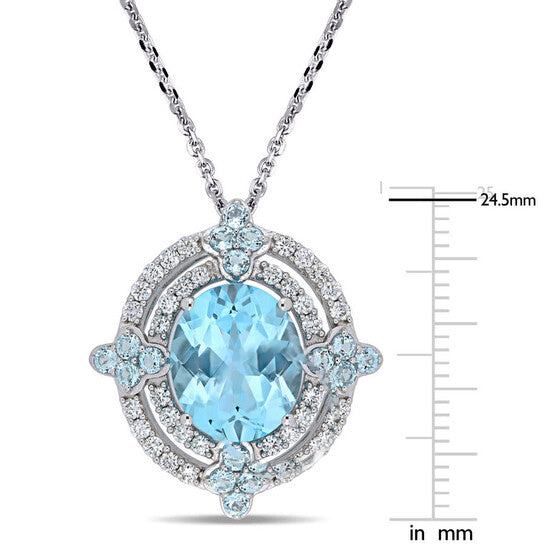 Original AMOUR 6 1/5 CT TGW Sky-blue Topaz and 1/2 CT TW Diamond Circular Double Halo Pendant with Chain In 14K White Gold