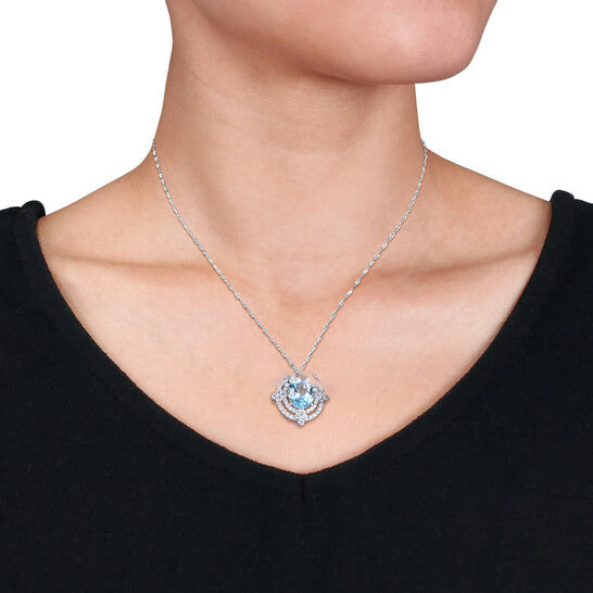 Original AMOUR 6 1/5 CT TGW Sky-blue Topaz and 1/2 CT TW Diamond Circular Double Halo Pendant with Chain In 14K White Gold