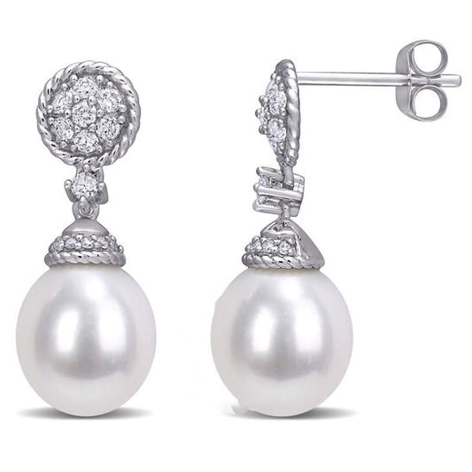 Original AMOUR 9-9.5mm Cultured Freshwater Pearl and 1/3 CT TW Diamond Drop Earrings In 14K White Gold