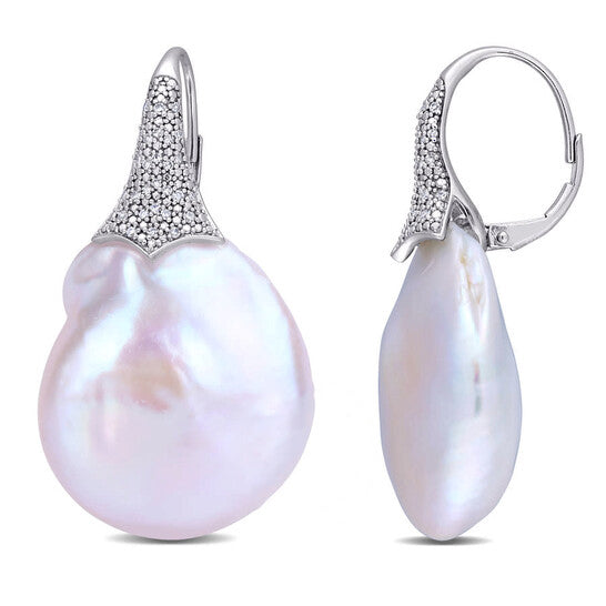 Original AMOUR 20-20.5mm Cultured Freshwater White Coin Pearl and 1/4 CT TW Diamond Leverback Drop Earrings In 14K White Gold