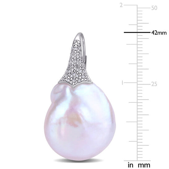 Original AMOUR 20-20.5mm Cultured Freshwater White Coin Pearl and 1/4 CT TW Diamond Leverback Drop Earrings In 14K White Gold