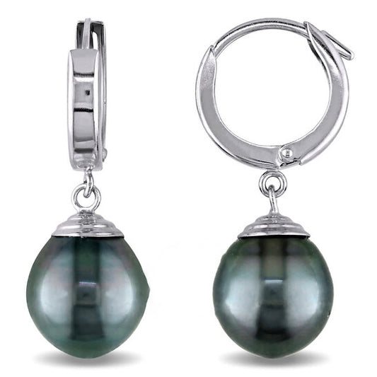 Original AMOUR 9 Mm Tahitian Pearl Hinged Hoop Drop Earrings In 14K White Gold