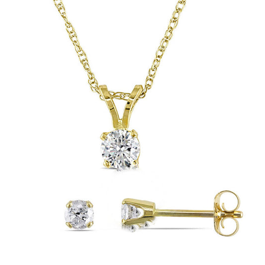 Original AMOUR 1/2 CT TW Diamond Solitaire Pendant with Chain and Stud Earrings 2-piece Set In 14K Yellow Gold