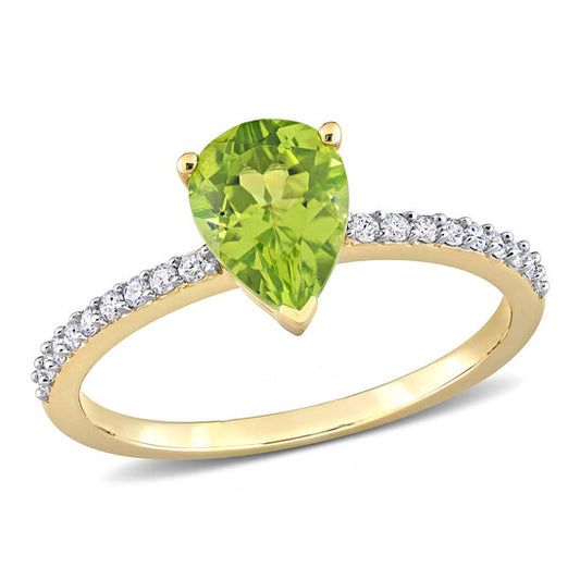 Original Amour 14k Yellow Gold 1 1/7 CT TGW Pear Shape Peridot and 1/7 CT TDW Diamond Ring