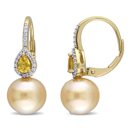 Original AMOUR 1/8 CT TW Diamond, 9 - 9.5 Mm Golden South Sea Pearl and Yellow Sapphire Drop Leverback Earrings In 14K Yellow Gold