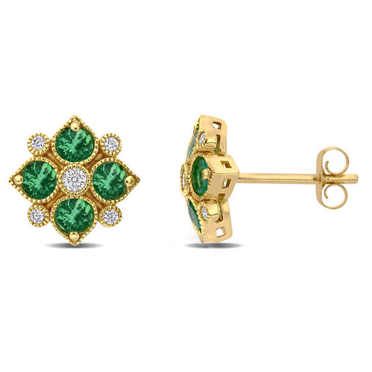 Original AMOUR 3/4 CT TGW Emerald and 1/8 CT TW Diamond Floral Stud Earrings In 14K Yellow Gold