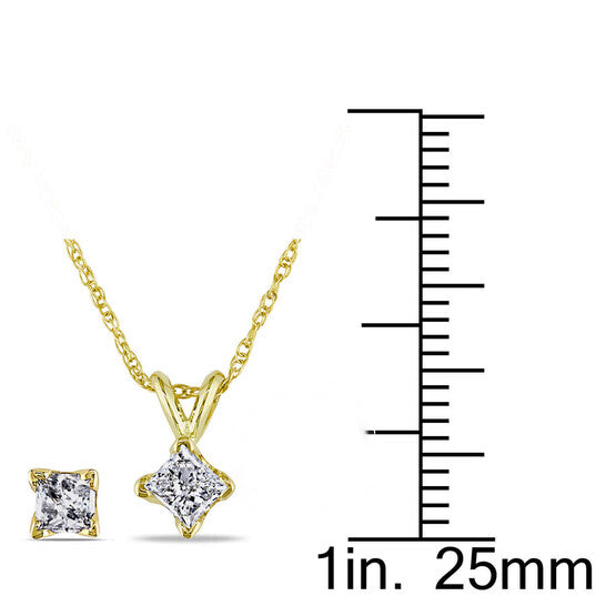 Original AMOUR 5/8 CT TW Princess Cut Diamond Solitaire Pendant with Chain and Stud Earrings 2-piece Set In 14K Yellow Gold