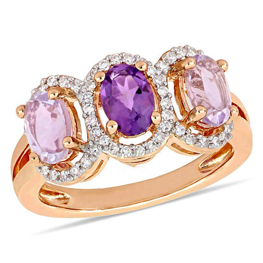 Original Amour 1/5 CT TDW Diamond and 1 3/8 CT TGW Rose de France w/ Amethyst-Africa 3-Stone Ring in Pink Silver