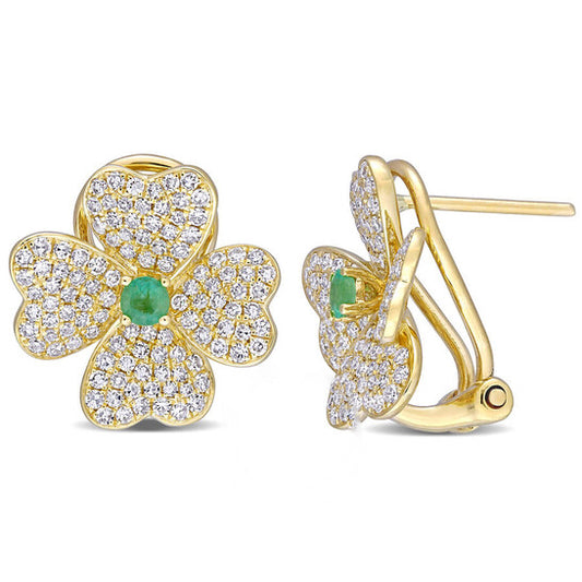 Original AMOUR 1/5 CT TGW Emerald and 1 CT TW Diamond Heart Clover Earrings In 14K White Gold