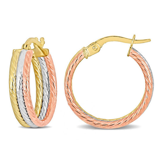 Original AMOUR 19mm Triple Row Twisted Hoop Earrings In 3-Tone Yellow, Rose and White 10K Gold