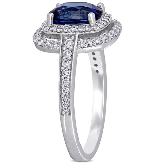 Original Amour 2 1/2 CT TGW Cushion Cut Sapphire and 1/2 Ct TW Diamond Double Halo Cocktail Ring in 14k White Gold