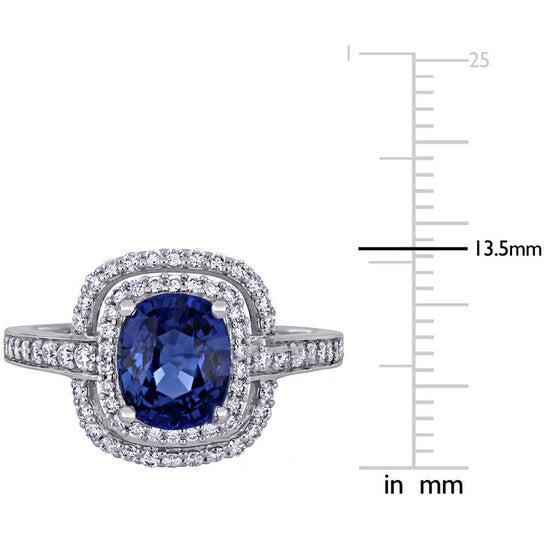 Original Amour 2 1/2 CT TGW Cushion Cut Sapphire and 1/2 Ct TW Diamond Double Halo Cocktail Ring in 14k White Gold