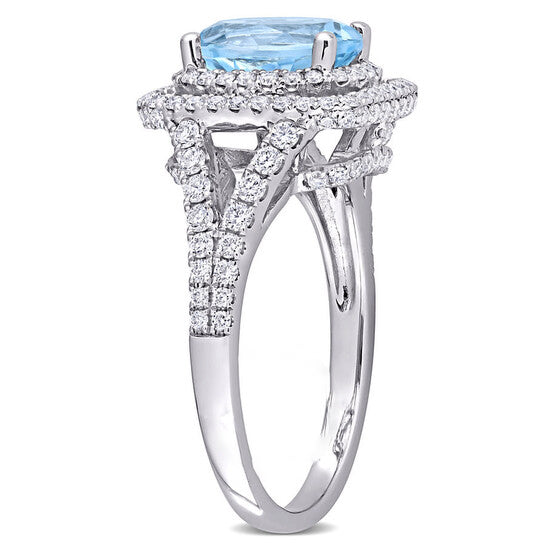 Original Amour 2 1/2 CT TGW Sky-Blue Topaz and 4/5 CT TW Diamond Halo Engagement Ring in 14k White Gold