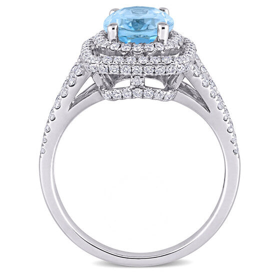 Original Amour 2 1/2 CT TGW Sky-Blue Topaz and 4/5 CT TW Diamond Halo Engagement Ring in 14k White Gold