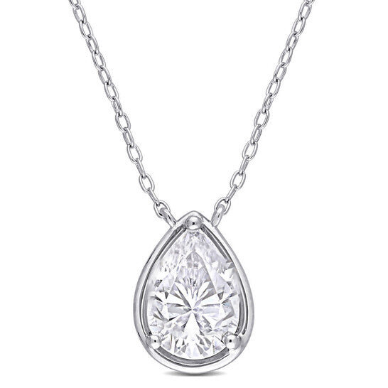 Original AMOUR 2 CT TGW Created Moissanite Halo Teardrop Pendant with Chain In Sterling Silver