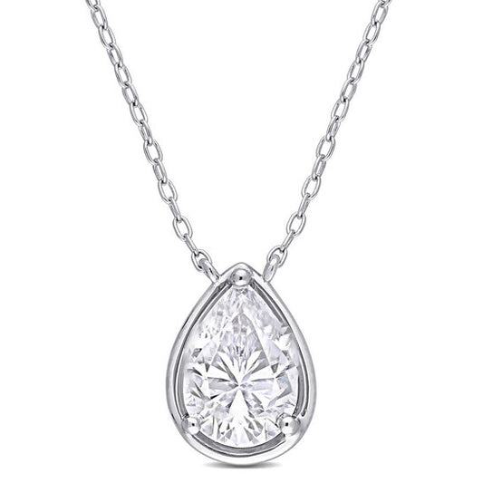 Original AMOUR 2 CT TGW Created Moissanite Halo Teardrop Pendant with Chain In Sterling Silver