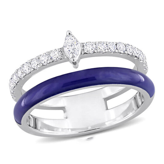 Original Amour 2/5 CT TDW mARQUIse and Round Diamond Double Band Ring in 14k White Gold and Blue Enamel