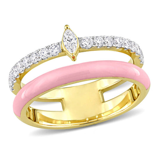 Original Amour 2/5 CT TDW Marquise and Round Diamond Double Band Ring in 14k Yellow Gold and Pink Enamel