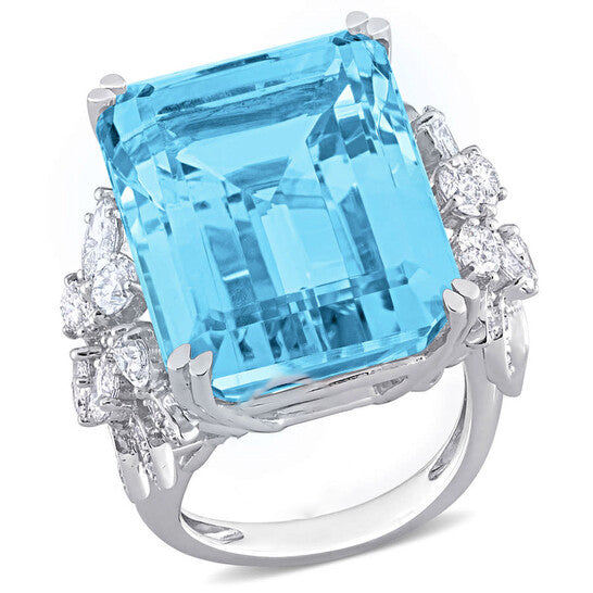 Original Amour 28 3/8 CT TGW Blue Topaz - Sky and 1 3/4 CT Multi-shape Diamond Ring in 14k White Gold