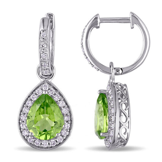 Original Amour 3 1/3 CT TGW Pear Shaped Peridot and 1/2 CT TW Diamond Halo Earrings in 14k White Gold