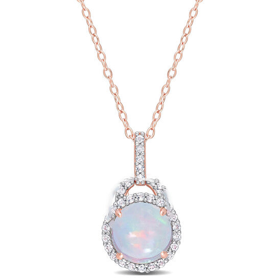 Original AMOUR 3 1/4 CT TGW Blue Ethiopian Opal and White Topaz Halo Pendant with Chain In Rose Plated Sterling Silver