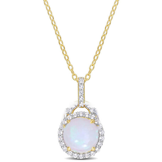 Original AMOUR 3 1/4 CT TGW Blue Ethiopian Opal and White Topaz Halo Pendant with Chain In Yellow Plated Sterling Silver